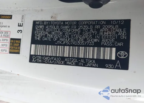 2013 Scion Tc из США, поврежденный, VIN JTKJF5C7XD3057733